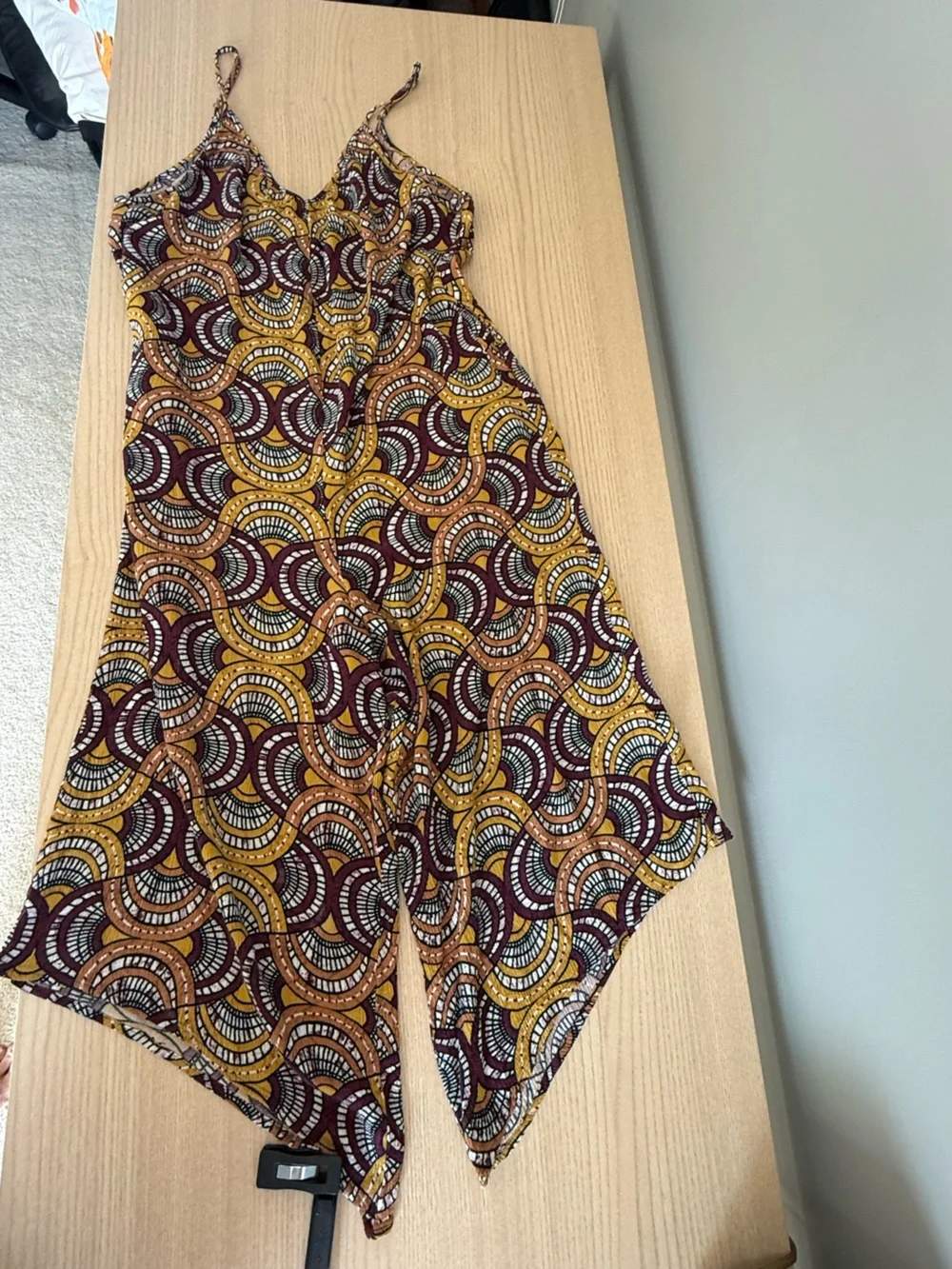 Boho Geometric Cropped Jumpsuit Romper Adjustable Straps Stretch Wide Leg Medium